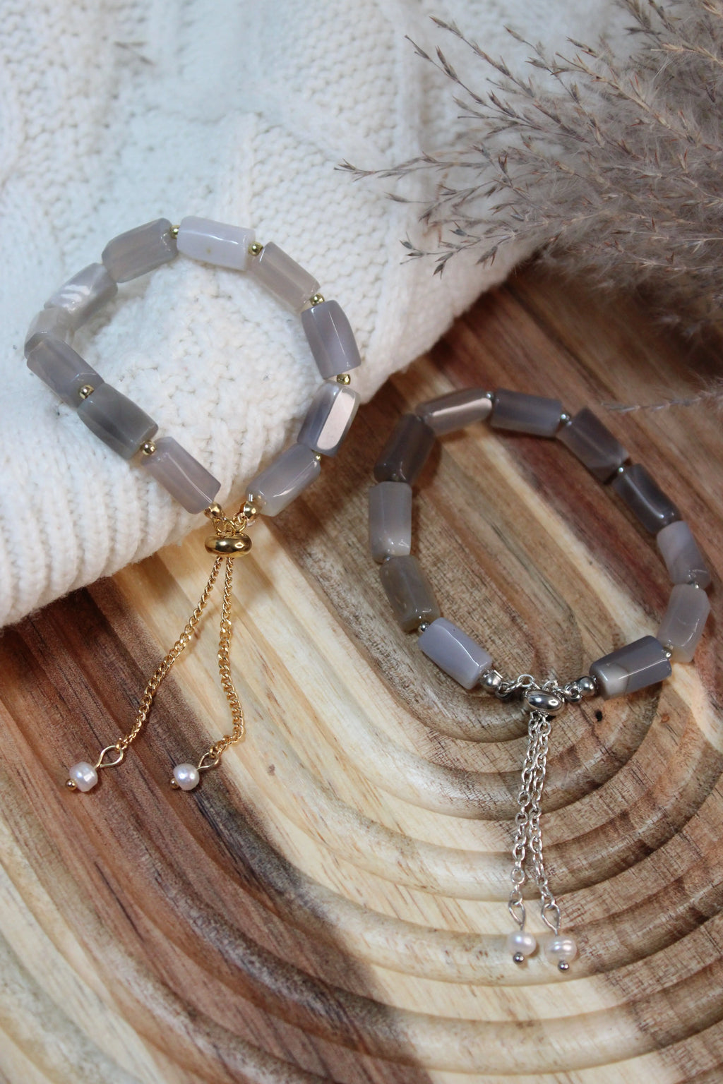 Bracelet BROOKLYN Acier Inoxydable Pierres Naturelles Perles Tubulaires & Perles d’Eau Douce – Fermoir Coulissant – Fini Or ou Argent - Les Créations De Loly