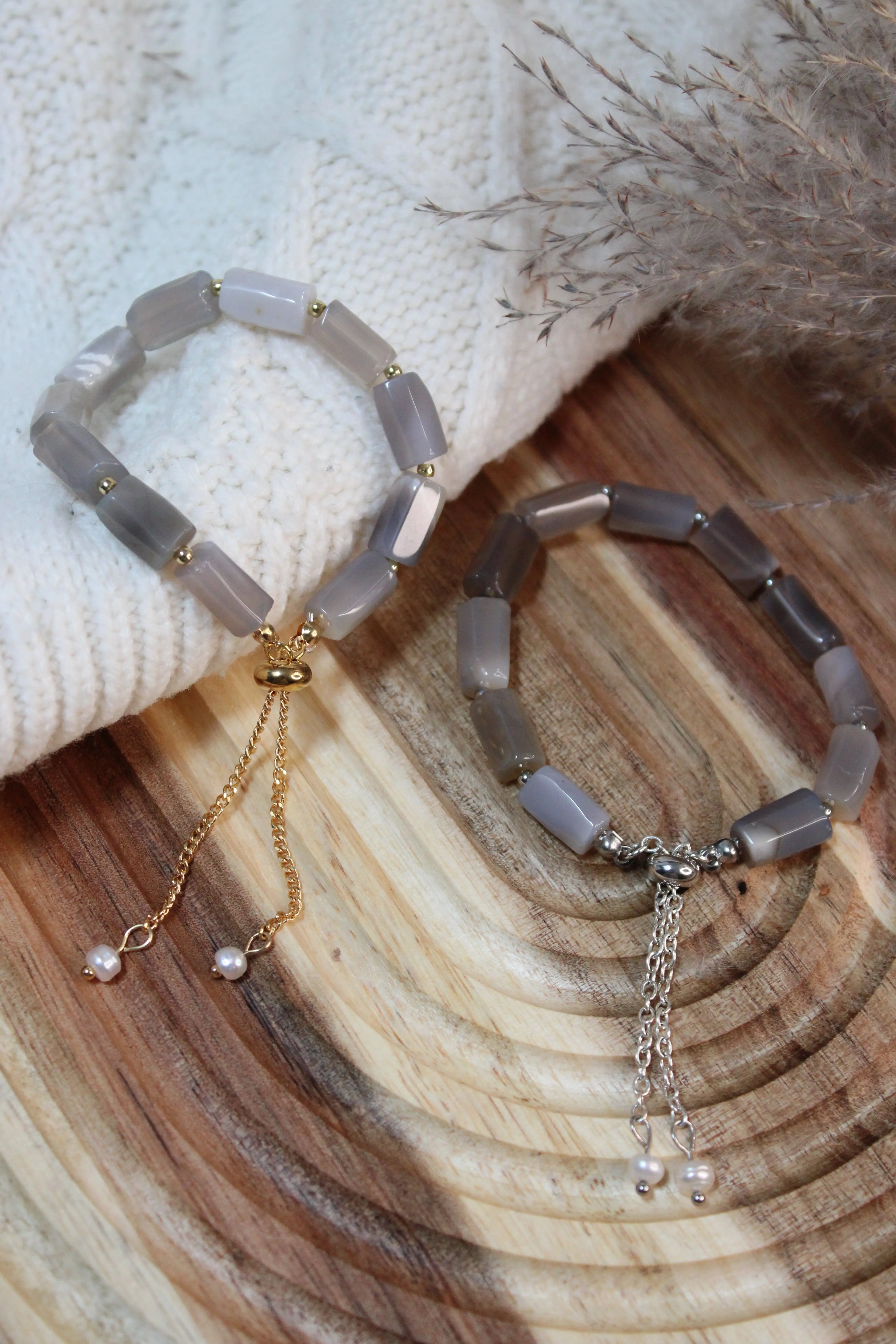 Bracelet BROOKLYN Acier Inoxydable Pierres Naturelles Perles Tubulaires & Perles d’Eau Douce – Fermoir Coulissant – Fini Or ou Argent - Les Créations De Loly
