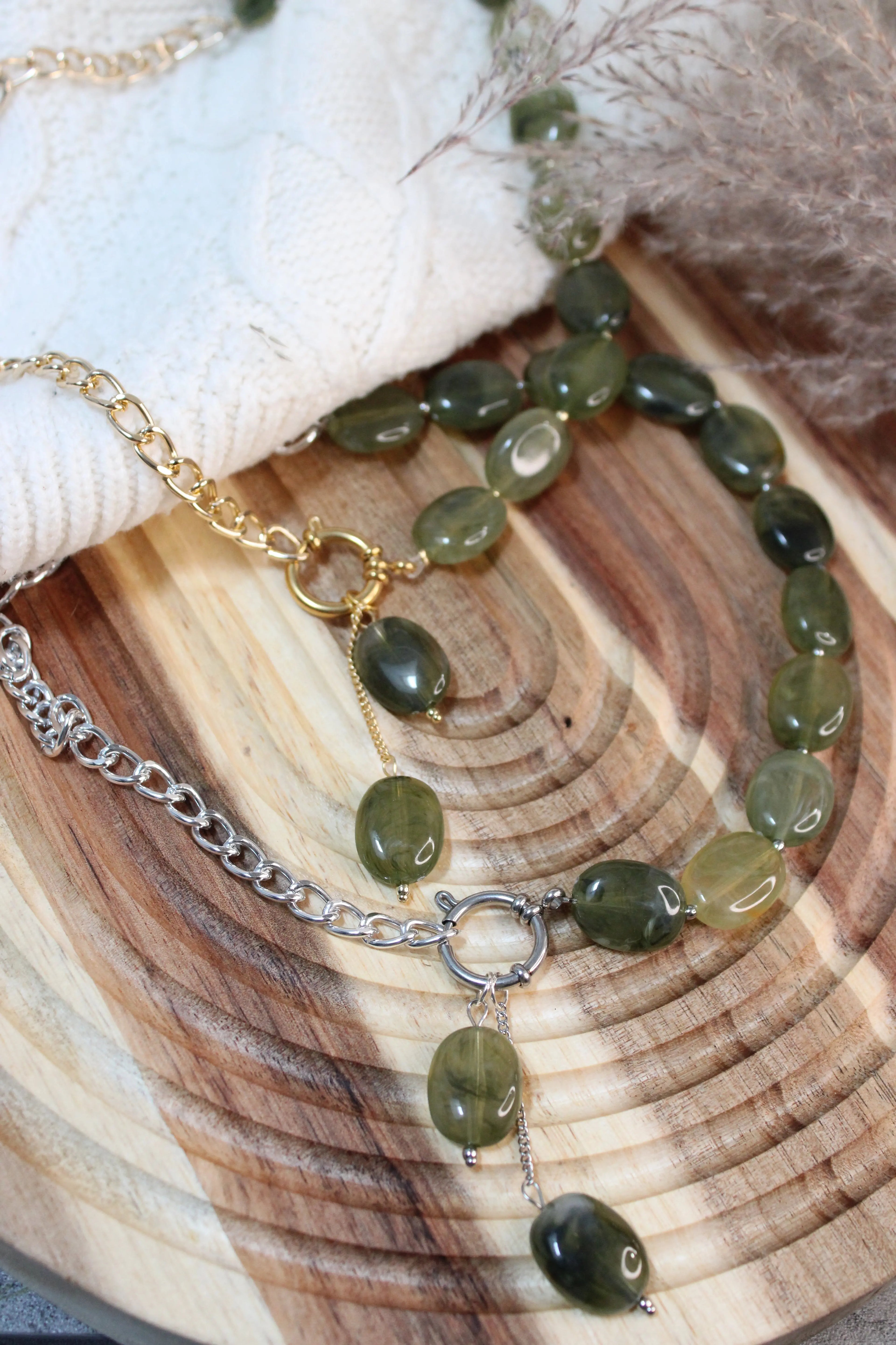 Collier AGATHE Acier Inoxydable Bi-Matière Perles Résine & Chaîne – Fermoir Bouée – Fini Or ou Argent - Les Créations De Loly